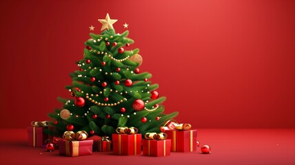 A beautifully decorated Christmas tree surrounded by gift boxes against a red backdrop.