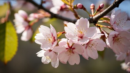 Obraz premium Cherry blossoms, delicate pink, blooming on a branch, spring background, copy space