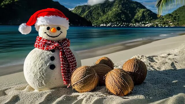 Creative a sandman instead of a snowman wearing a Santa hat and scarf on the beach, surrounded by tropical Christmas decorations like coconuts