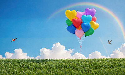 Naklejka premium A bunch of heart-shaped balloons floats in the sky against a vibrant blue backdrop, with a rainbow arching overhead