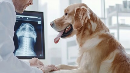A veterinarian examines a Golden Retriever using an X-ray, showing care and attention in a bright, modern clinic.