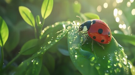 Obraz premium Ladybug on a Dew-Covered Leaf in Morning Light