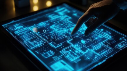 A hand interacts with a digital blueprint on a touchscreen interface.
