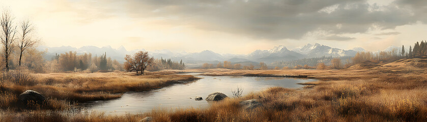 A Serene River Winding Through a Golden Meadow With Majestic Snowy Mountains in the Distance