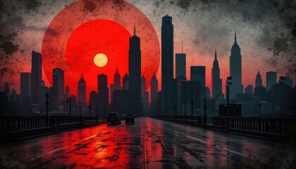 Dramatic sunset over a city skyline reflecting vibrant hues on wet streets, capturing the essence of urban beauty at twilight