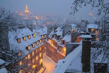 Obraz premium Snow-covered rooftops and twinkling lights in a winter town at dusk
