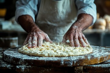 Close-Up of a Baker's Hands Kneading Dough on a Wooden Table – Realistic Photography of a Male Chef Making Pizza or Bread

