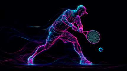 Dynamic neon illustration of a tennis player taking a swing on a dark background. Fluorescent pink and blue lines create a dynamic, futuristic atmosphere, emphasizing movement and athleticism