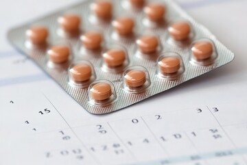 Birth control pills on calendar, contraception health and medicine.
