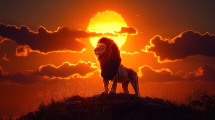 Majestic lion silhouetted against a vibrant sunset backdrop.