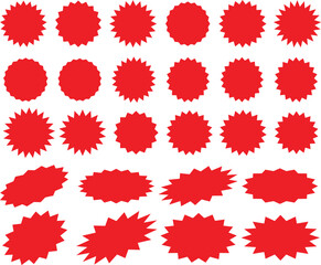 Set of red starburst sticker-collection of special offer sale oval and round shaped sunburst labels and badges.
Promo stickers with star edges Vector. Color illustration, Simple empty pricetag.