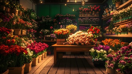 A flower shop full of flowers, with various types and colors of roses in the center, surrounded by other colorful flowers such as daisies, tulips, violets, lilies, peonys, azaleas, chrysanthemums, pin