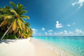 Tranquil tropical beach with palm trees and crystal clear turquoise waters under sunny blue sky.