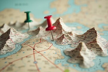 Exploring travel destinations: red pushpin on a textured 3d map of mountainous regions.