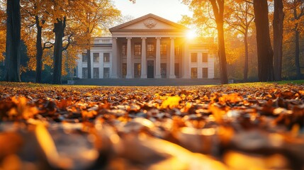 A grand building surrounded by autumn leaves at sunset.