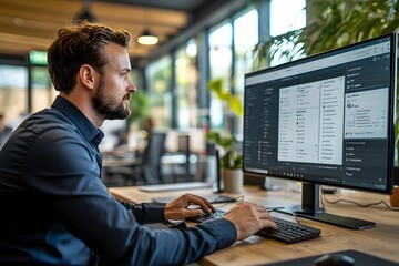 Young professional working at a desk with a computer in an office