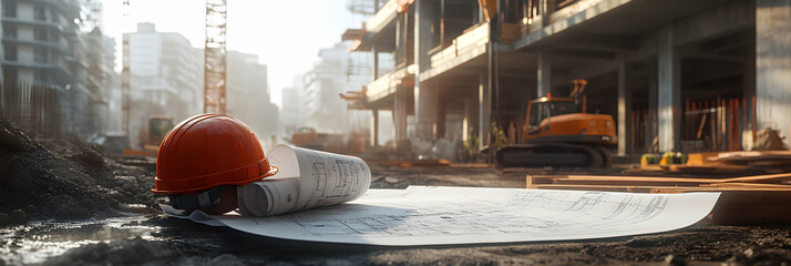 A construction hard hat lies on a blueprint, with an unfinished building and construction equipment in the background