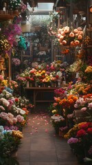 Obraz premium A flower shop full of flowers, with various types and colors of roses in the center, surrounded by other colorful flowers such as daisies, tulips, violets, lilies, peonys, azaleas, chrysanthemums, pin