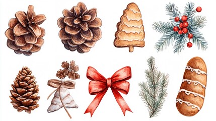 Watercolor_set_fir_cone_gingerbread_bow_isolated_on_white_bac":