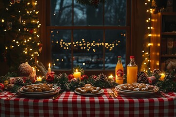 Festive Christmas table setting with red and white checkered cloth, candles, gingerbread cookies, orange juice, pine cones, and small presents, illuminated by warm lighting and colorful garlands.