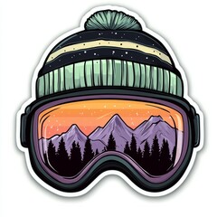 Obraz premium A winter beanie with goggles reflecting a mountain vista.