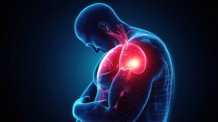 Digital illustration of a human with a highlighted heart, showcasing the cardiovascular system with arteries, in a neon blue and red color scheme for medical visualization.