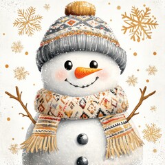 Smiling snowman in a cozy winter hat and scarf