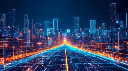 Futuristic Cityscape with Digital Highway