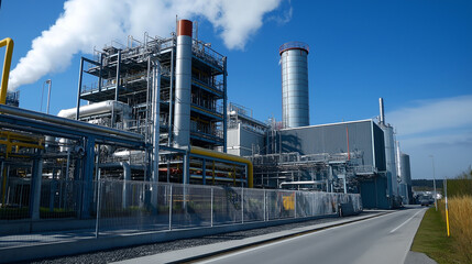 Obraz premium A modern industrial refinery with intricate metal structures, chimneys emitting white smoke, and a clear blue sky. The clean setting highlights the facility's advanced design and its integration with 