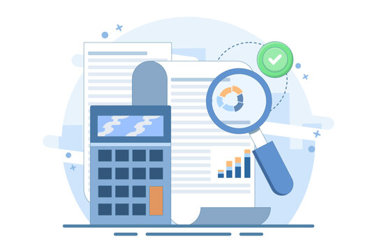 blue calculator, documents, magnifying glass analysis clip art preview