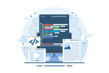 web design user interface prototype testing concept on local server. Website development, coding on Laptop screen, and Programming for landing page, web banner, mobile app. vector illustration.