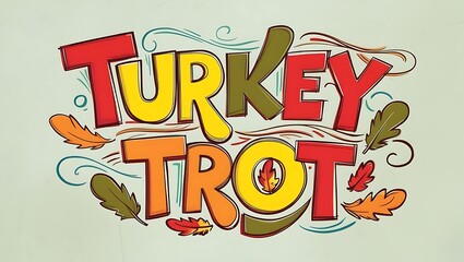 Colorful and Playful Turkey Trot Typography Design Featuring Autumn Leaves and Vibrant Letters for Thanksgiving Celebration Themes