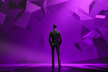 A Contemplative Figure Gazes Toward a Vibrant Purple Abstract Landscape at Night