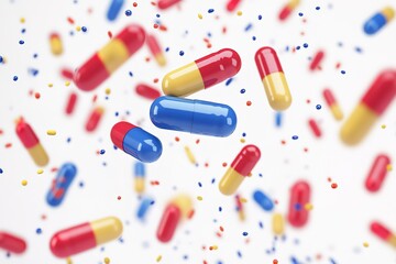 Close up of many different pills arranged in pattern on blue background.
