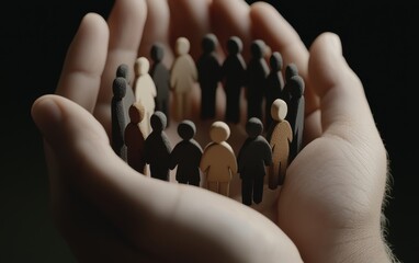 Close-up of hands carefully protecting small figurines of diverse people symbolizing leadership and inclusive community support