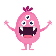 Cute cartoon monster with three eyes. Funny pink creature in childish style with big mouth and fangs. Vector illustration