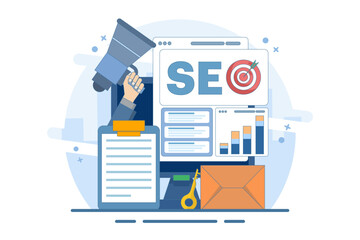 SEO Search Engine Optimization Concept. Conceptual SEO analysis and optimization, SEO strategy and marketing vector illustration for website. Modern flat design template.