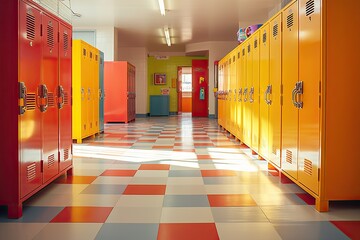 An empty hallway at school with colorful lockers