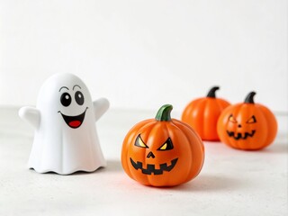 Whimsical Ghost and Evil Pumpkins in a Funny Nightmare Escape Scene for Halloween Celebration - Isolated on White Background