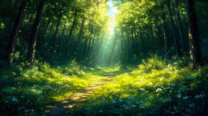 A tranquil forest path is bathed in morning sunlight, where lush green foliage and wildflowers create a serene atmosphere