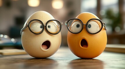 Two comical eggs with expressive faces and oversized glasses sit side by side, mouths agape in surprise, creating a whimsical scene of food personification.
