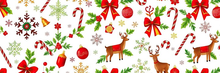Fototapeta premium christmas seamless pattern. vibrant and festive patterned design, ideal for the Christmas season. It features an array of traditional holiday elements, including bright red ornaments, golden bells.