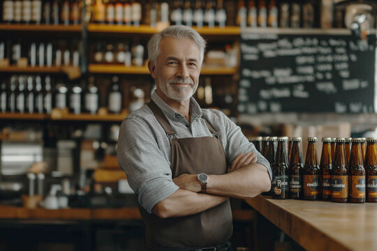 A beer store salesman stands behind the counter. Profession seller, shopping concept. Advertising banner.