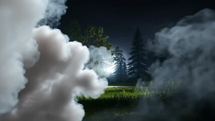 White smoke slowly envelops a dark forest clearing at night, creating an eerie atmosphere filled with mystery. Shadows flicker among the trees, enhancing the haunting landscape - Powered by Adobe
