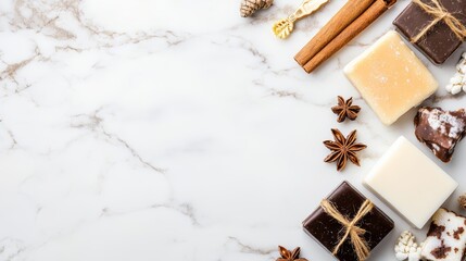 Exquisite chocolate arrangement on white marble, a decadent display of assorted flavors and textures