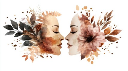 Obraz premium Nature's two women embellished with intricate floral and leafy face art, a stunning display of beauty creativity