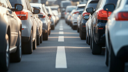 Obraz premium A row of parked cars in a parking lot, illuminated by warm golden sunlight. The scene captures the reflections and details of the vehicles, evoking a calm and organized atmosphere.