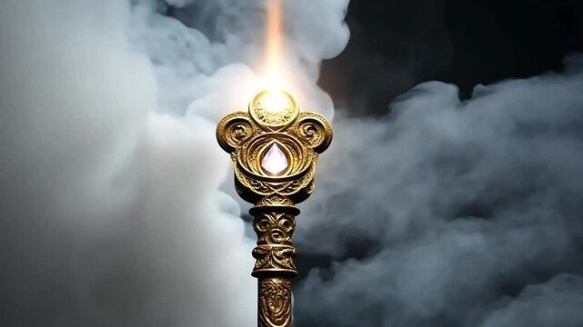Golden scepter with a glowing orb is emerging from thick smoke clouds. The scepter features intricate details and a central jewel