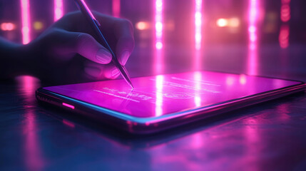 A person writes on a tablet with a stylus, surrounded by glowing pink lights, creating a futuristic and creative atmosphere