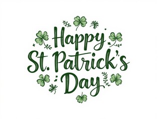 Hand-Drawn St. Patrick's Day Design with Circular 'Happy St. Patrick's Day' Text and Shamrocks